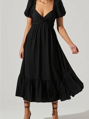 Astr Black Puff-Sleeve Twist-Front Midi Dress